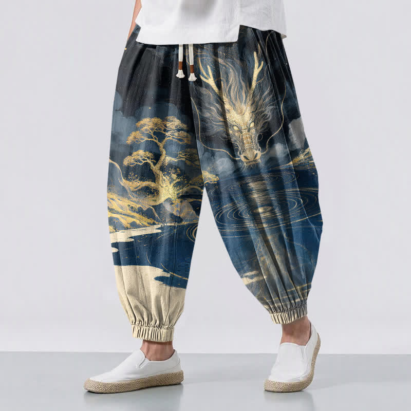 Buddha Stones Pure Cotton Golden Dragon Landscape Pattern Drawstring Men's Harem Pants With Pockets - Navy - US/UK/AU50,EU60 (5XL) - image 0