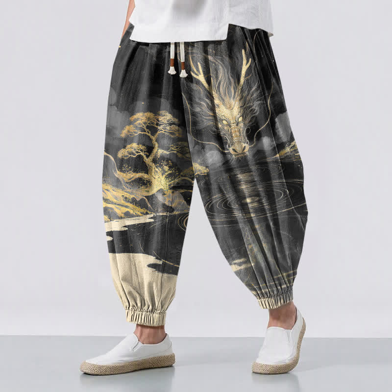 Buddha Stones Pure Cotton Golden Dragon Landscape Pattern Drawstring Men's Harem Pants With Pockets - Black - US/UK/AU50,EU60 (5XL) - image 6