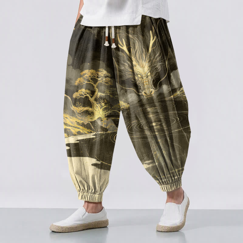 Buddha Stones Pure Cotton Golden Dragon Landscape Pattern Drawstring Men's Harem Pants With Pockets - DarkOliveGreen - US/UK/AU50,EU60 (5XL) - image 12