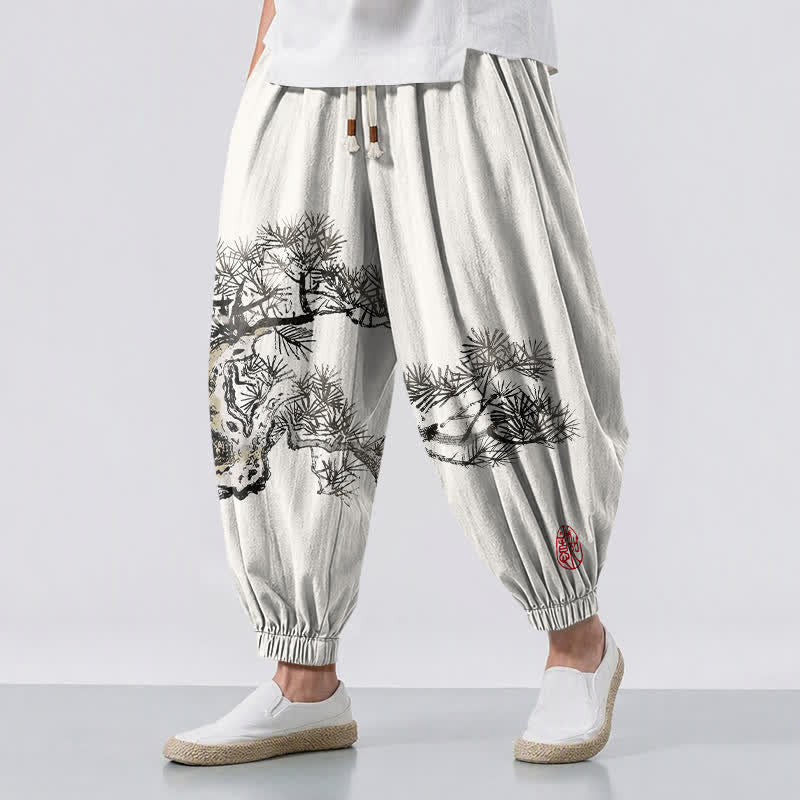 Buddha Stones Pure Cotton Ink Pine Tree Pattern Drawstring Men's Harem Pants With Pockets - Ivory - US/UK/AU50,EU60 (5XL) - image 0