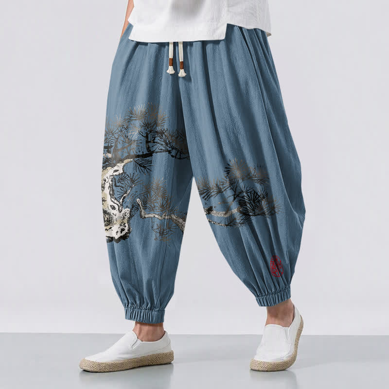 Buddha Stones Pure Cotton Ink Pine Tree Pattern Drawstring Men's Harem Pants With Pockets - SteelBlue - US/UK/AU50,EU60 (5XL) - image 6