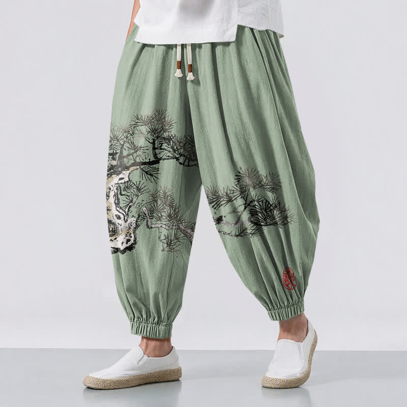 Buddha Stones Pure Cotton Ink Pine Tree Pattern Drawstring Men's Harem Pants With Pockets - LightGreen - US/UK/AU50,EU60 (5XL) - image 12