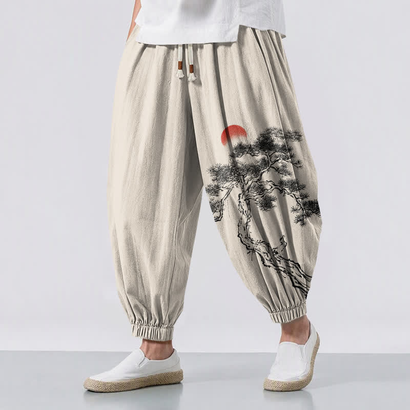 Buddha Stones Pure Cotton Ink Pine Tree Sun Pattern Drawstring Men's Harem Pants With Pockets - Linen - US/UK/AU50,EU60 (5XL) - image 0