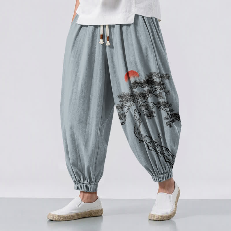 Buddha Stones Pure Cotton Ink Pine Tree Sun Pattern Drawstring Men's Harem Pants With Pockets - LightSteelBlue - US/UK/AU50,EU60 (5XL) - image 6