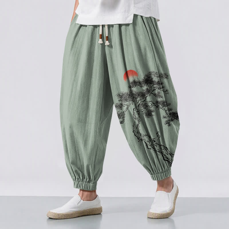 Buddha Stones Pure Cotton Ink Pine Tree Sun Pattern Drawstring Men's Harem Pants With Pockets - DarkSeaGreen - US/UK/AU50,EU60 (5XL) - image 12