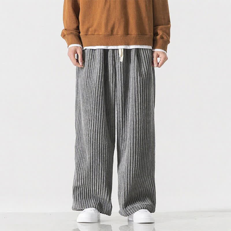 Buddha Stones Fall Winter Casual Vintage Drawstring Solid Long Pants Corduroy Men's Wide Leg Pants With Pocket - image 2