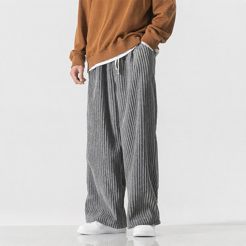 Buddha Stones Fall Winter Casual Vintage Drawstring Solid Long Pants Corduroy Men's Wide Leg Pants With Pocket - Gray - US/UK/AU46,EU56 (5XL) - image 0
