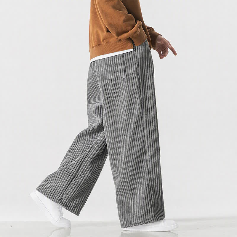 Buddha Stones Fall Winter Casual Vintage Drawstring Solid Long Pants Corduroy Men's Wide Leg Pants With Pocket - image 3