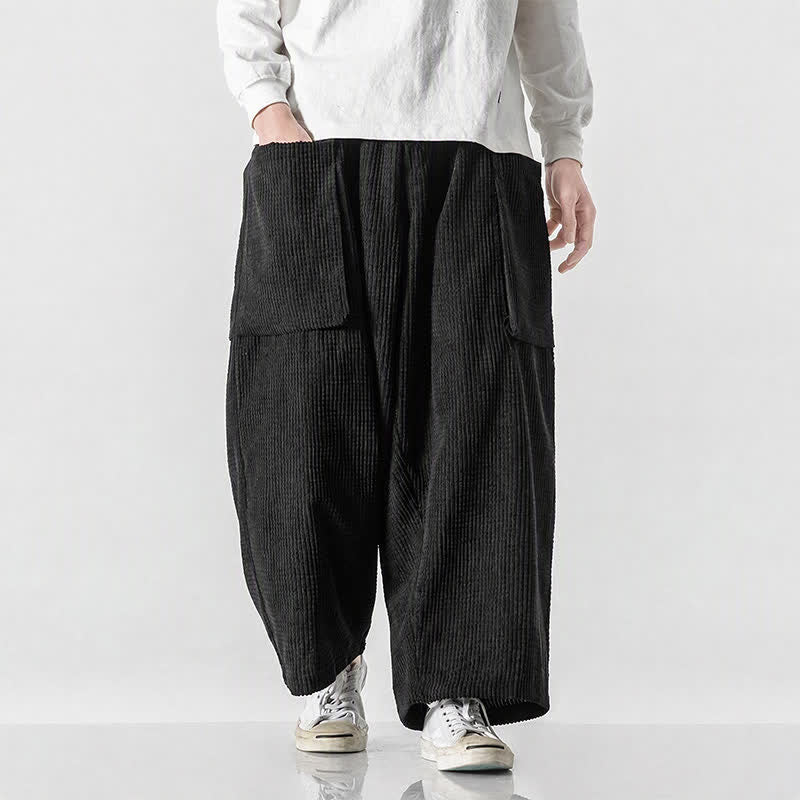 Buddha Stones Fall Winter Vintage Minimalist Drawstring Solid Ankle Pants Corduroy Men's Wide Leg Pants With Pockets - Black - US/UK/AU46,EU56 (5XL) - image 0