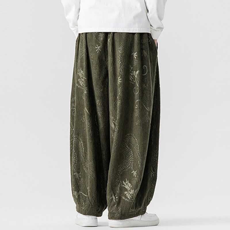 Buddha Stones Fall Winter Vintage Casual Drawstring Dragon Long Pants Men's Harem Pants With Pockets - image 3