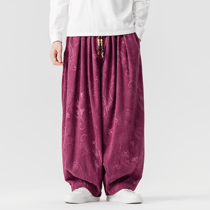 Buddha Stones Fall Winter Vintage Casual Drawstring Dragon Long Pants Men's Harem Pants With Pockets - DarkMagenta - US/UK/AU46,EU56 (5XL) - image 5
