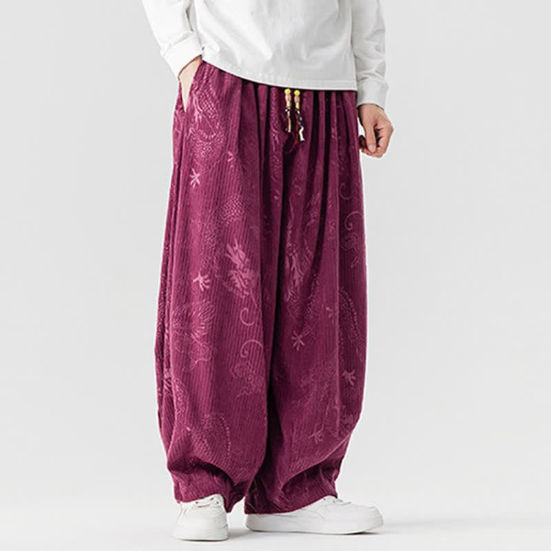 Buddha Stones Fall Winter Vintage Casual Drawstring Dragon Long Pants Men's Harem Pants With Pockets - image 6