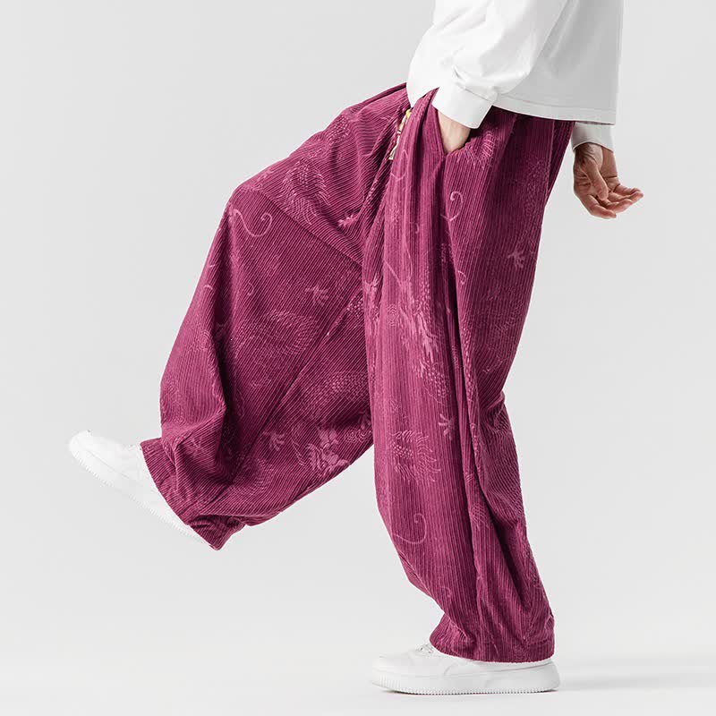 Buddha Stones Fall Winter Vintage Casual Drawstring Dragon Long Pants Men's Harem Pants With Pockets - image 11