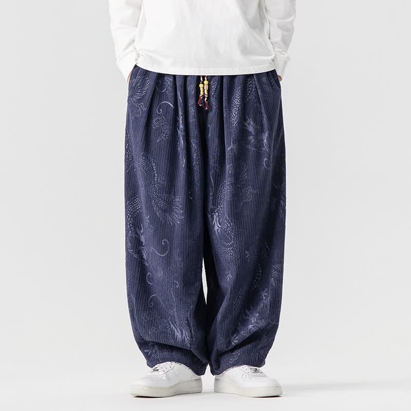 Buddha Stones Fall Winter Vintage Casual Drawstring Dragon Long Pants Men's Harem Pants With Pockets - MidnightBlue - US/UK/AU46,EU56 (5XL) - image 12