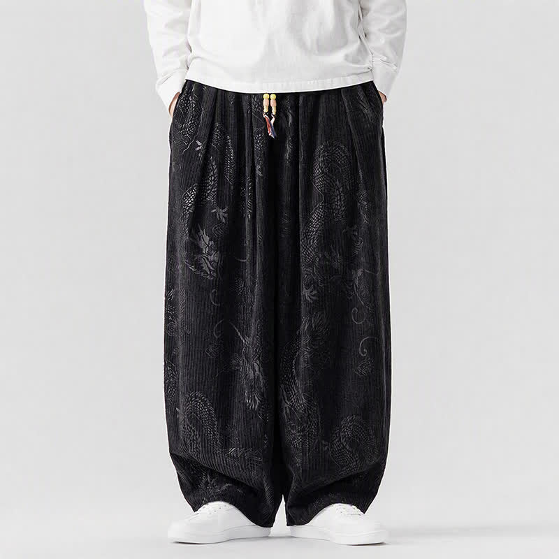 Buddha Stones Fall Winter Vintage Casual Drawstring Dragon Long Pants Men's Harem Pants With Pockets - Black - US/UK/AU46,EU56 (5XL) - image 14