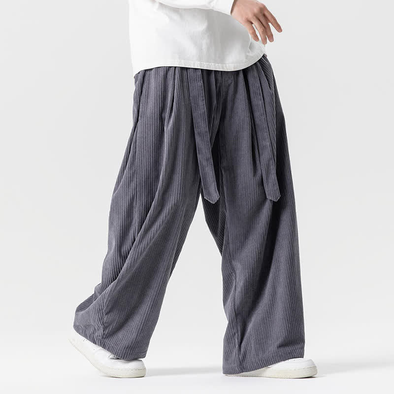 Buddha Stones Fall Winter Casual Vintage Drawstring Solid Long Pants Corduroy Men's Wide Leg Pants With Pockets - image 2