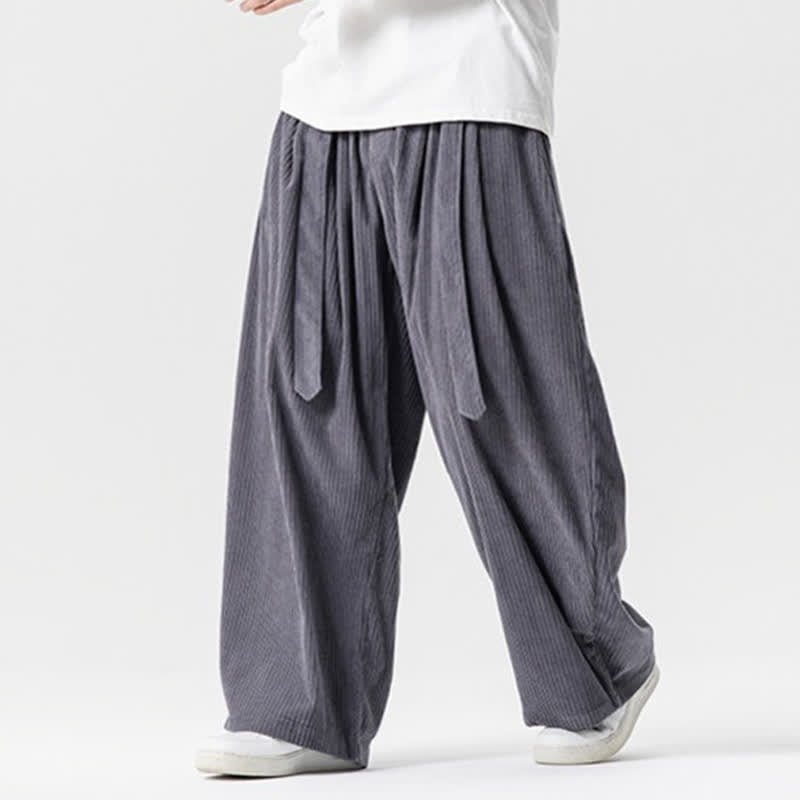 Buddha Stones Fall Winter Casual Vintage Drawstring Solid Long Pants Corduroy Men's Wide Leg Pants With Pockets - image 3