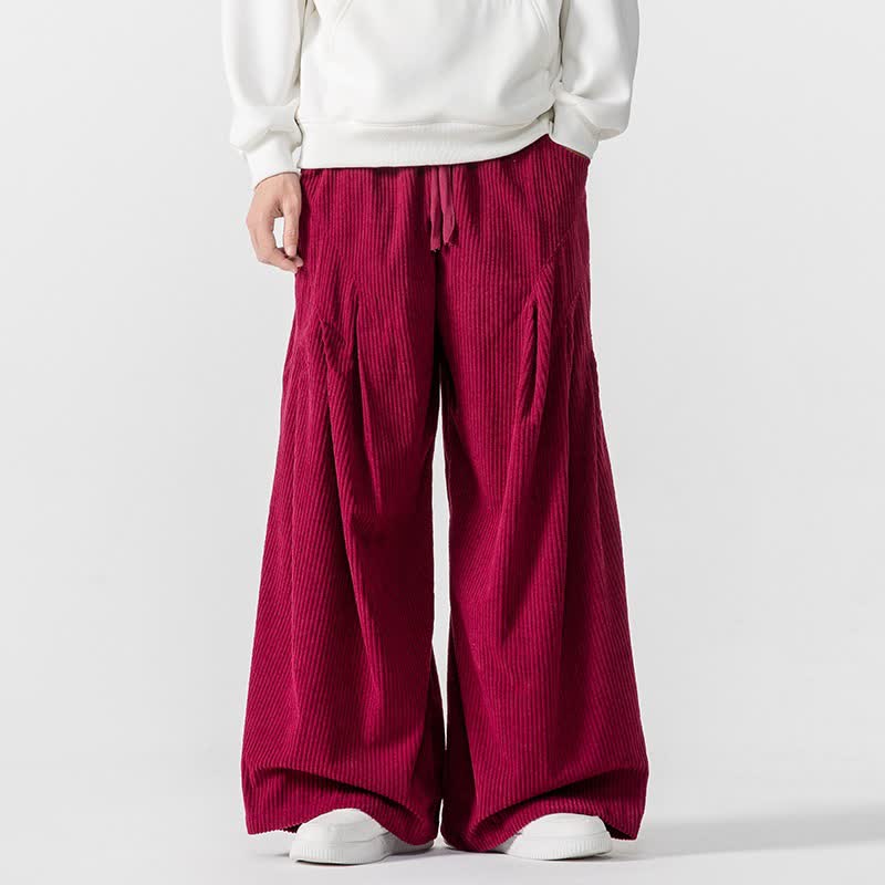 Buddha Stones Fall Winter Casual Drawstring Solid Long Pants Corduroy Men's Wide Leg Pants With Pockets - Crimson - US/UK/AU46,EU56 (5XL) - image 16
