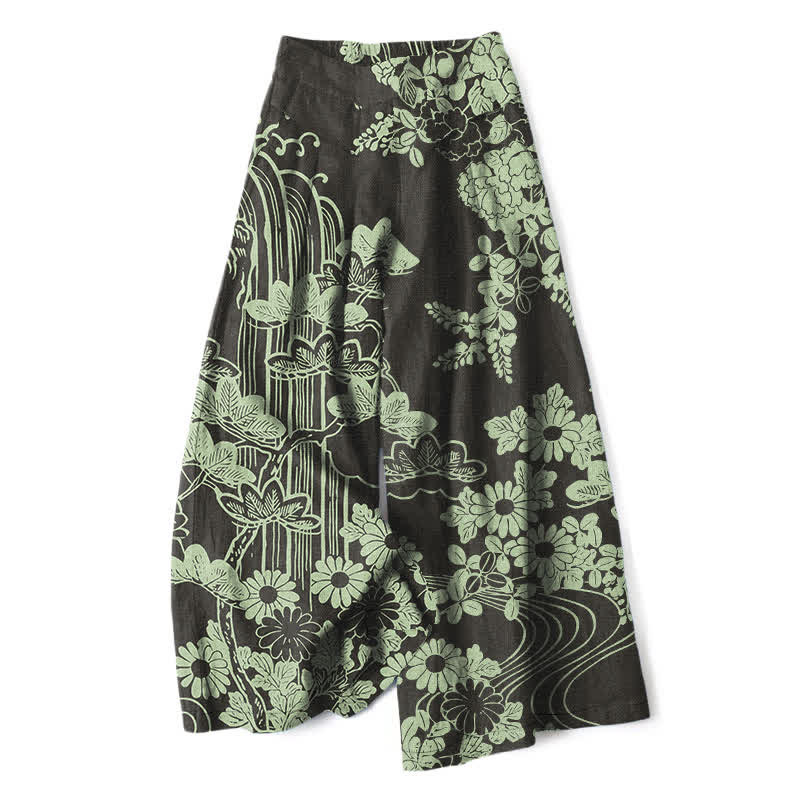 Buddha Stones Cotton Linen Vintage Bloom Pattern Women's Elastic Waist Wide Leg Pants With Pockets - Black - US16,UK/AU20,EU48 (3XL) - image 0
