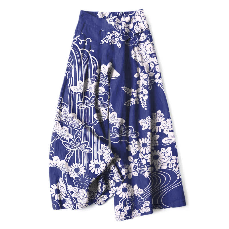 Buddha Stones Cotton Linen Vintage Bloom Pattern Women's Elastic Waist Wide Leg Pants With Pockets - Navy - US16,UK/AU20,EU48 (3XL) - image 4