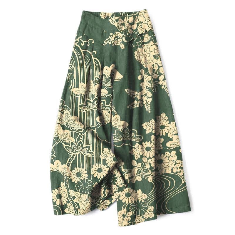 Buddha Stones Cotton Linen Vintage Bloom Pattern Women's Elastic Waist Wide Leg Pants With Pockets - SeaGreen - US16,UK/AU20,EU48 (3XL) - image 6