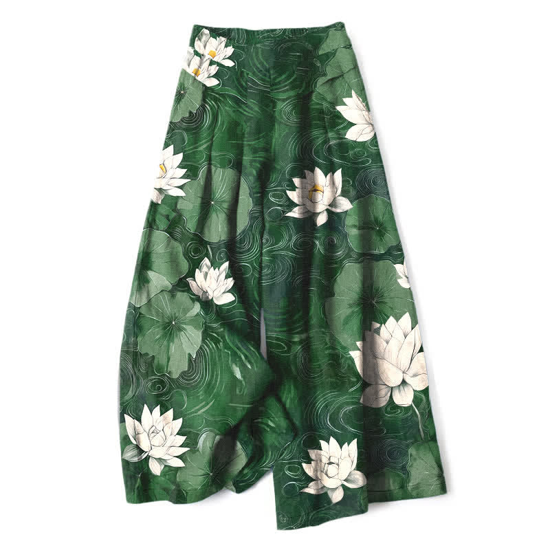 Buddha Stones Cotton Linen Lotus Leaf Floral Pattern Women's Elastic Waist Wide Leg Pants With Pockets - SeaGreen - US16,UK/AU20,EU48 (3XL) - image 0
