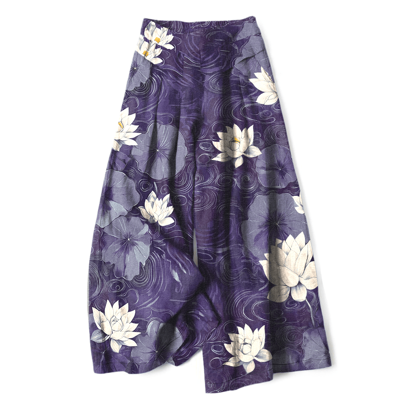 Buddha Stones Cotton Linen Lotus Leaf Floral Pattern Women's Elastic Waist Wide Leg Pants With Pockets - DarkViolet - US16,UK/AU20,EU48 (3XL) - image 6