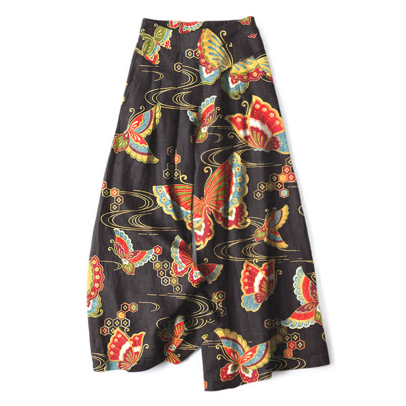 Buddha Stones Cotton Linen Colorful Butterfly Pattern Women's Elastic Waist Wide Leg Pants With Pockets - Black - US16,UK/AU20,EU48 (3XL) - image 0