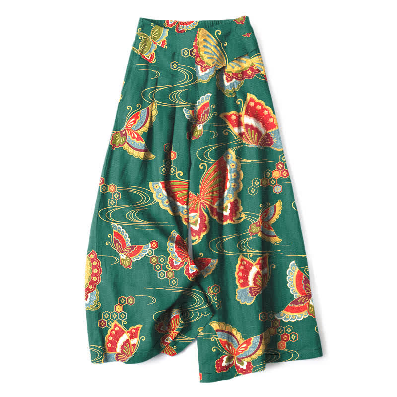 Buddha Stones Cotton Linen Colorful Butterfly Pattern Women's Elastic Waist Wide Leg Pants With Pockets - Teal - US16,UK/AU20,EU48 (3XL) - image 4