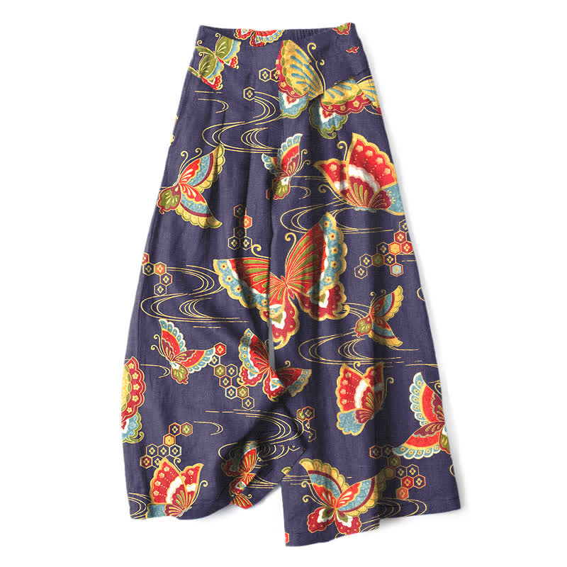 Buddha Stones Cotton Linen Colorful Butterfly Pattern Women's Elastic Waist Wide Leg Pants With Pockets - Indigo - US16,UK/AU20,EU48 (3XL) - image 6