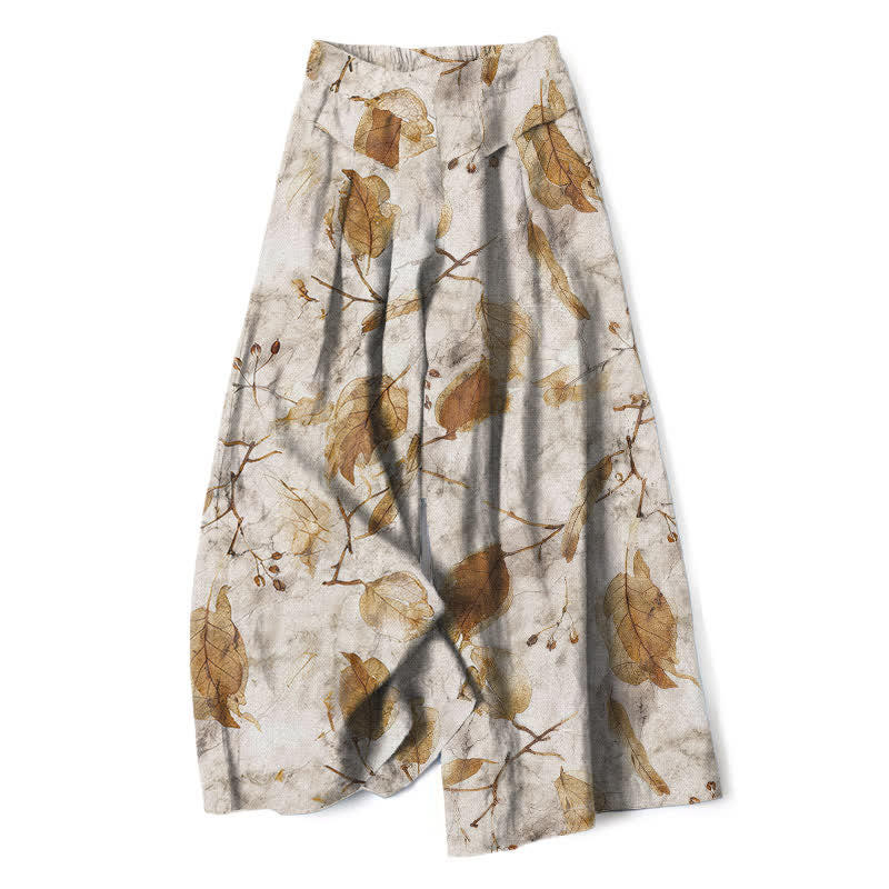Buddha Stones Cotton Linen Botanical Leaf Pattern Women's Elastic Waist Wide Leg Pants With Pockets - Beige - US16,UK/AU20,EU48 (3XL) - image 0