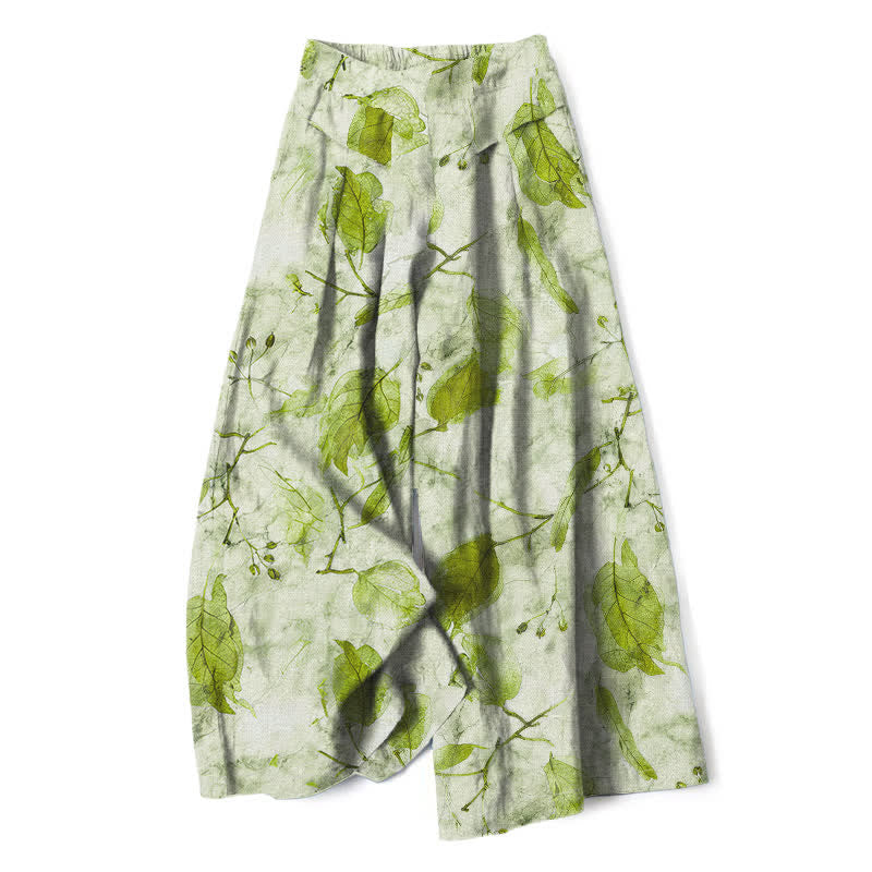 Buddha Stones Cotton Linen Botanical Leaf Pattern Women's Elastic Waist Wide Leg Pants With Pockets - PaleGreen - US16,UK/AU20,EU48 (3XL) - image 4