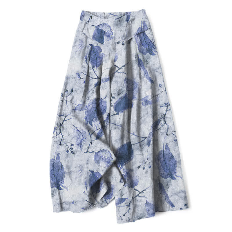 Buddha Stones Cotton Linen Botanical Leaf Pattern Women's Elastic Waist Wide Leg Pants With Pockets - LightSteelBlue - US16,UK/AU20,EU48 (3XL) - image 6