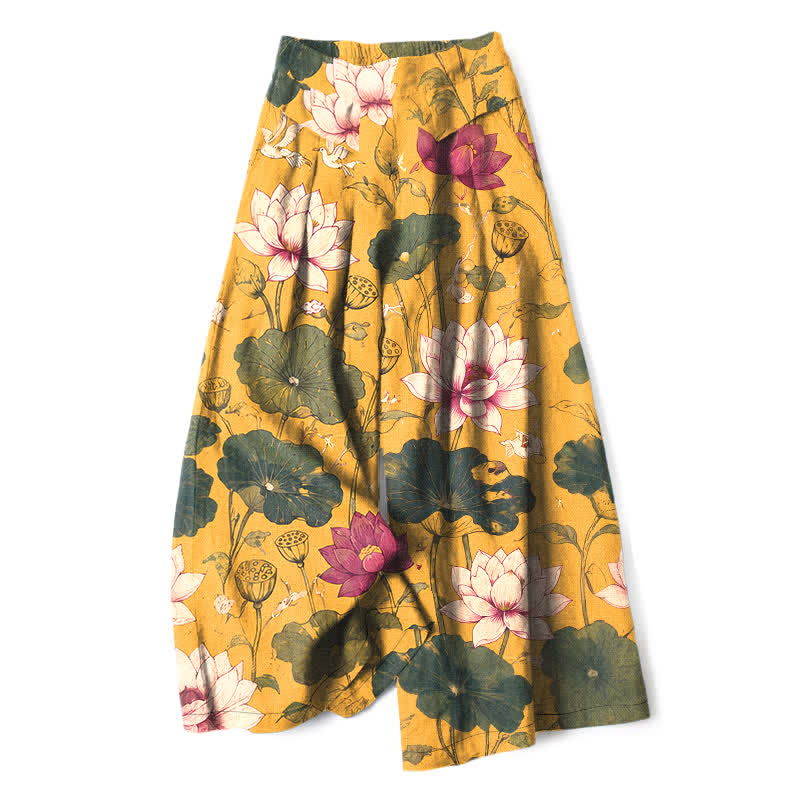 Buddha Stones Cotton Linen Tropical Lotus Bloom Pattern Women's Elastic Waist Wide Leg Pants With Pockets - Goldenrod - US16,UK/AU20,EU48 (3XL) - image 0