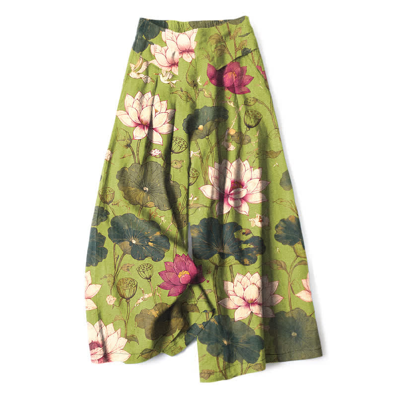 Buddha Stones Cotton Linen Tropical Lotus Bloom Pattern Women's Elastic Waist Wide Leg Pants With Pockets - YellowGreen - US16,UK/AU20,EU48 (3XL) - image 4