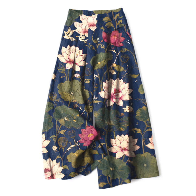 Buddha Stones Cotton Linen Tropical Lotus Bloom Pattern Women's Elastic Waist Wide Leg Pants With Pockets - Navy - US16,UK/AU20,EU48 (3XL) - image 6
