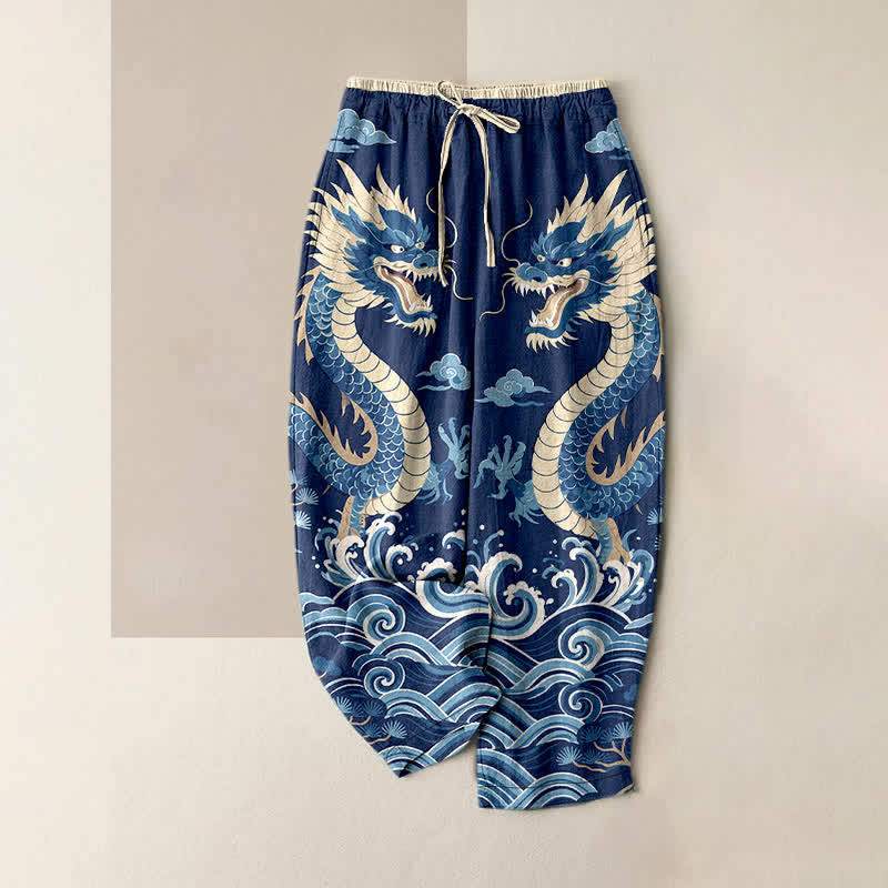 Buddha Stones Pure Cotton Twin Dragon Wave Pattern Women's Elastic Waist Pants With Pockets - Navy - US16,UK/AU20,EU48 (3XL) - image 0