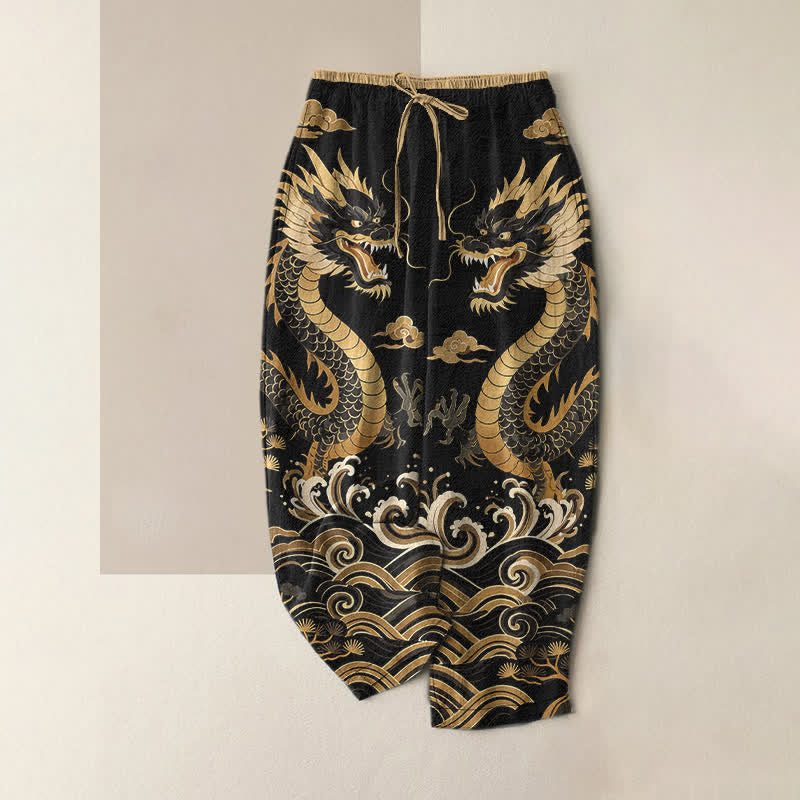 Buddha Stones Pure Cotton Twin Dragon Wave Pattern Women's Elastic Waist Pants With Pockets - Black - US16,UK/AU20,EU48 (3XL) - image 5