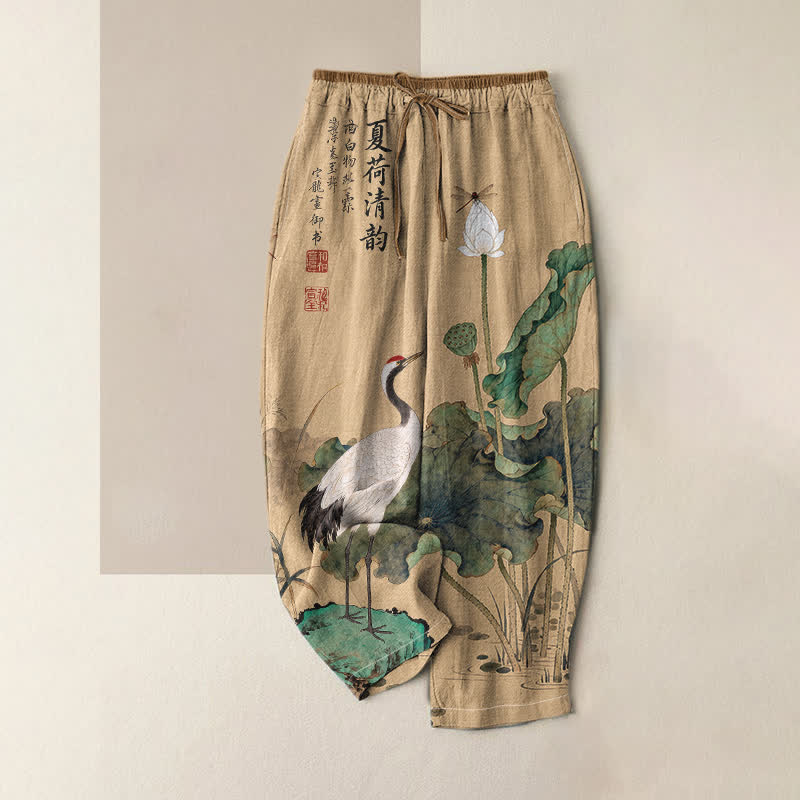 Buddha Stones Pure Cotton Crane Lotus Ink Pattern Women's Elastic Waist Pants With Pockets - BurlyWood - US16,UK/AU20,EU48 (3XL) - image 0