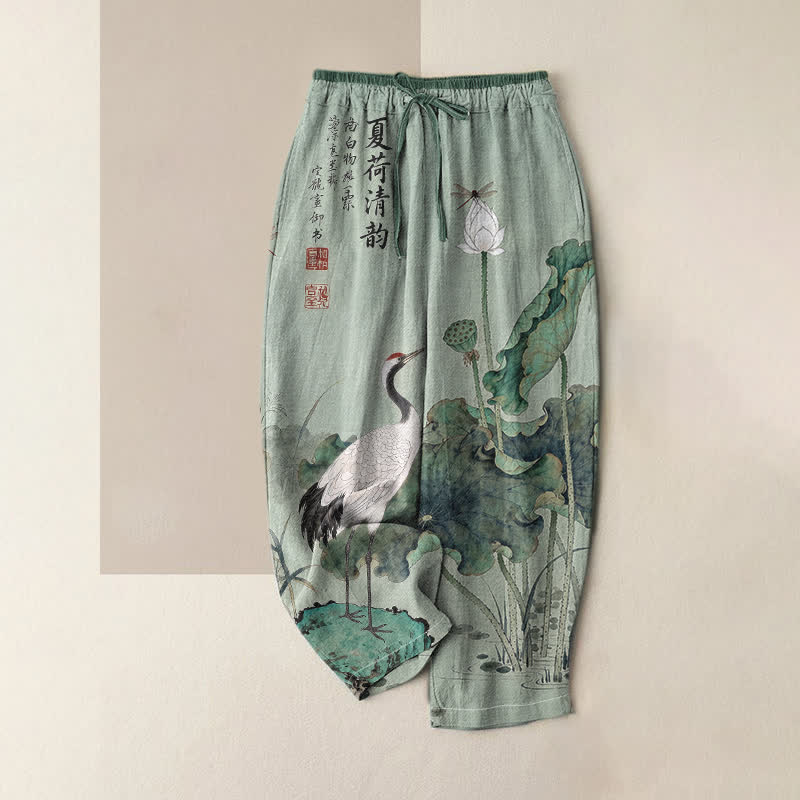 Buddha Stones Pure Cotton Crane Lotus Ink Pattern Women's Elastic Waist Pants With Pockets - DarkSeaGreen - US16,UK/AU20,EU48 (3XL) - image 3