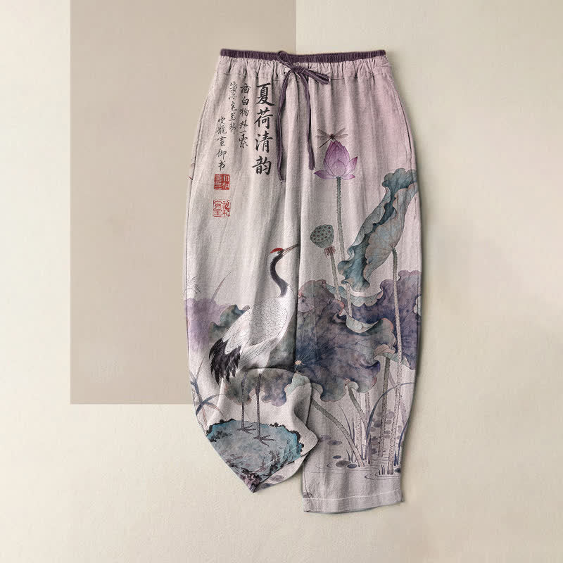 Buddha Stones Pure Cotton Crane Lotus Ink Pattern Women's Elastic Waist Pants With Pockets - Thistle - US16,UK/AU20,EU48 (3XL) - image 4