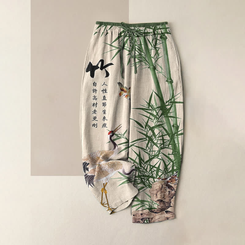 Buddha Stones Pure Cotton Artistic Bamboo Crane Pattern Women's Elastic Waist Pants With Pockets - AntiqueWhite - US16,UK/AU20,EU48 (3XL) - image 0