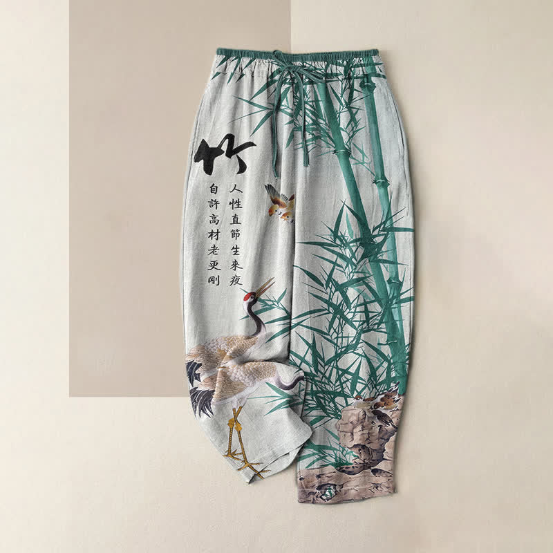 Buddha Stones Pure Cotton Artistic Bamboo Crane Pattern Women's Elastic Waist Pants With Pockets - PowderBlue - US16,UK/AU20,EU48 (3XL) - image 3