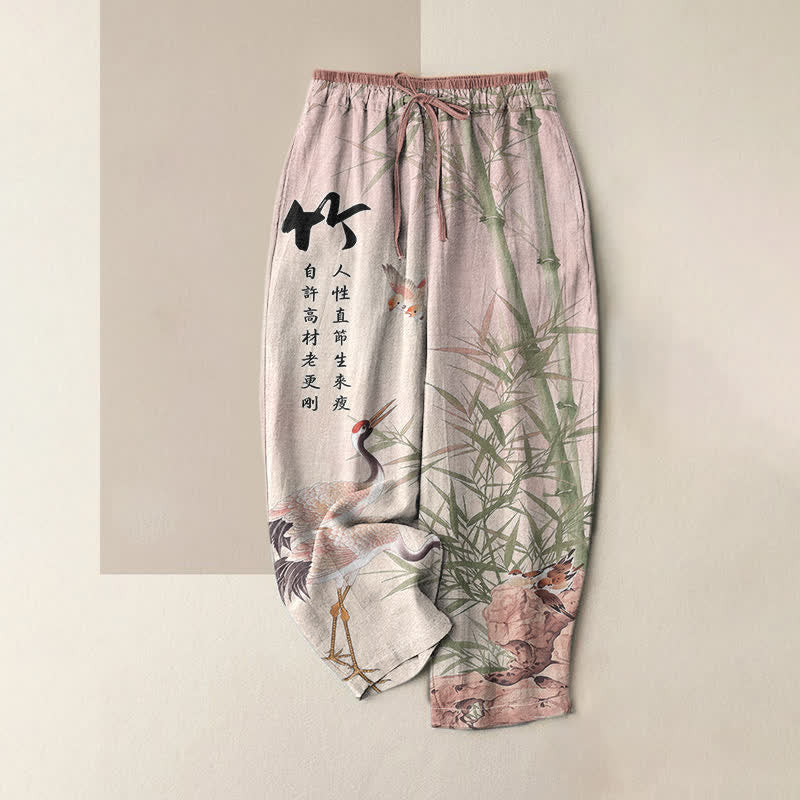 Buddha Stones Pure Cotton Artistic Bamboo Crane Pattern Women's Elastic Waist Pants With Pockets - LavenderBlush - US16,UK/AU20,EU48 (3XL) - image 4
