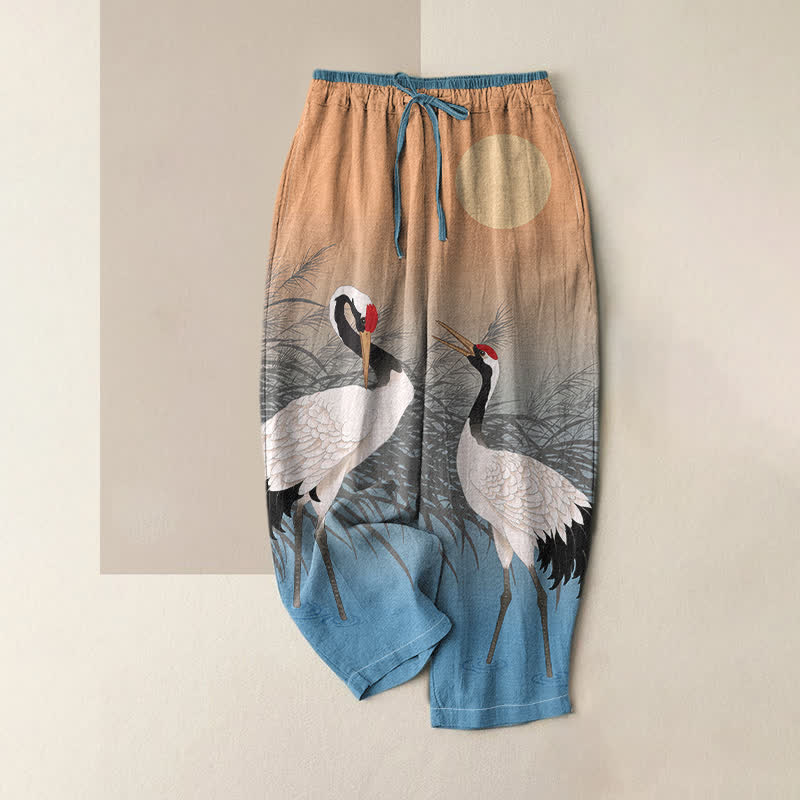 Buddha Stones Pure Cotton Oriental Crane Reed Pattern Women's Elastic Waist Pants With Pockets - SandyBrown - US16,UK/AU20,EU48 (3XL) - image 0