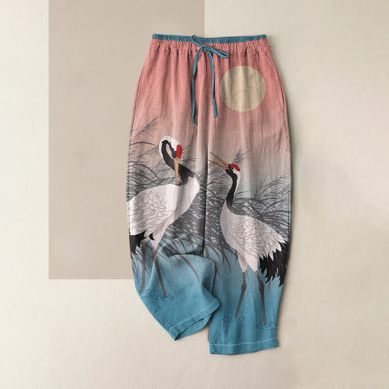 Buddha Stones Pure Cotton Oriental Crane Reed Pattern Women's Elastic Waist Pants With Pockets - LightCoral - US16,UK/AU20,EU48 (3XL) - image 3