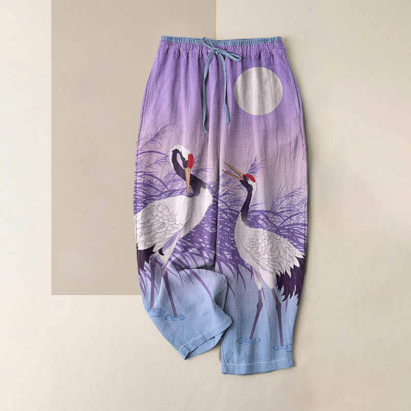 Buddha Stones Pure Cotton Oriental Crane Reed Pattern Women's Elastic Waist Pants With Pockets - MediumPurple - US16,UK/AU20,EU48 (3XL) - image 4