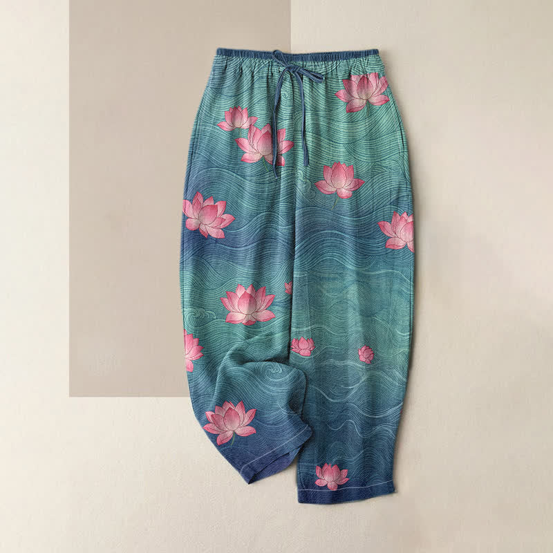 Buddha Stones Pure Cotton Dreamy Gradient Lotus Pattern Women's Elastic Waist Pants With Pockets - SteelBlue - US16,UK/AU20,EU48 (3XL) - image 0