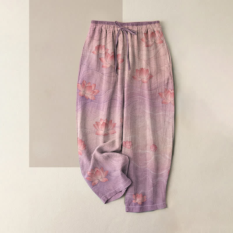 Buddha Stones Pure Cotton Dreamy Gradient Lotus Pattern Women's Elastic Waist Pants With Pockets - Orchid - US16,UK/AU20,EU48 (3XL) - image 3