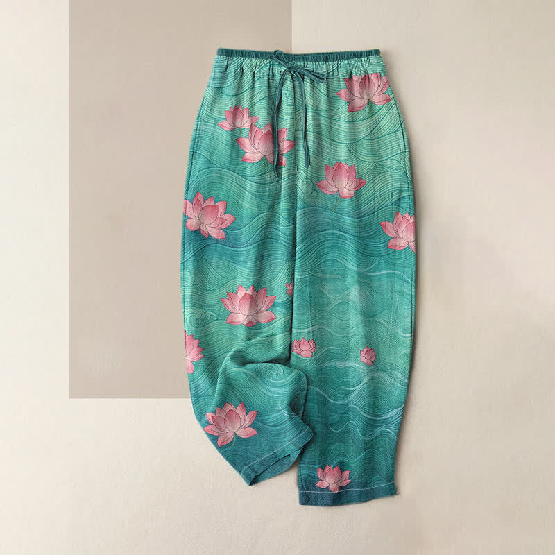 Buddha Stones Pure Cotton Dreamy Gradient Lotus Pattern Women's Elastic Waist Pants With Pockets - Teal - US16,UK/AU20,EU48 (3XL) - image 4